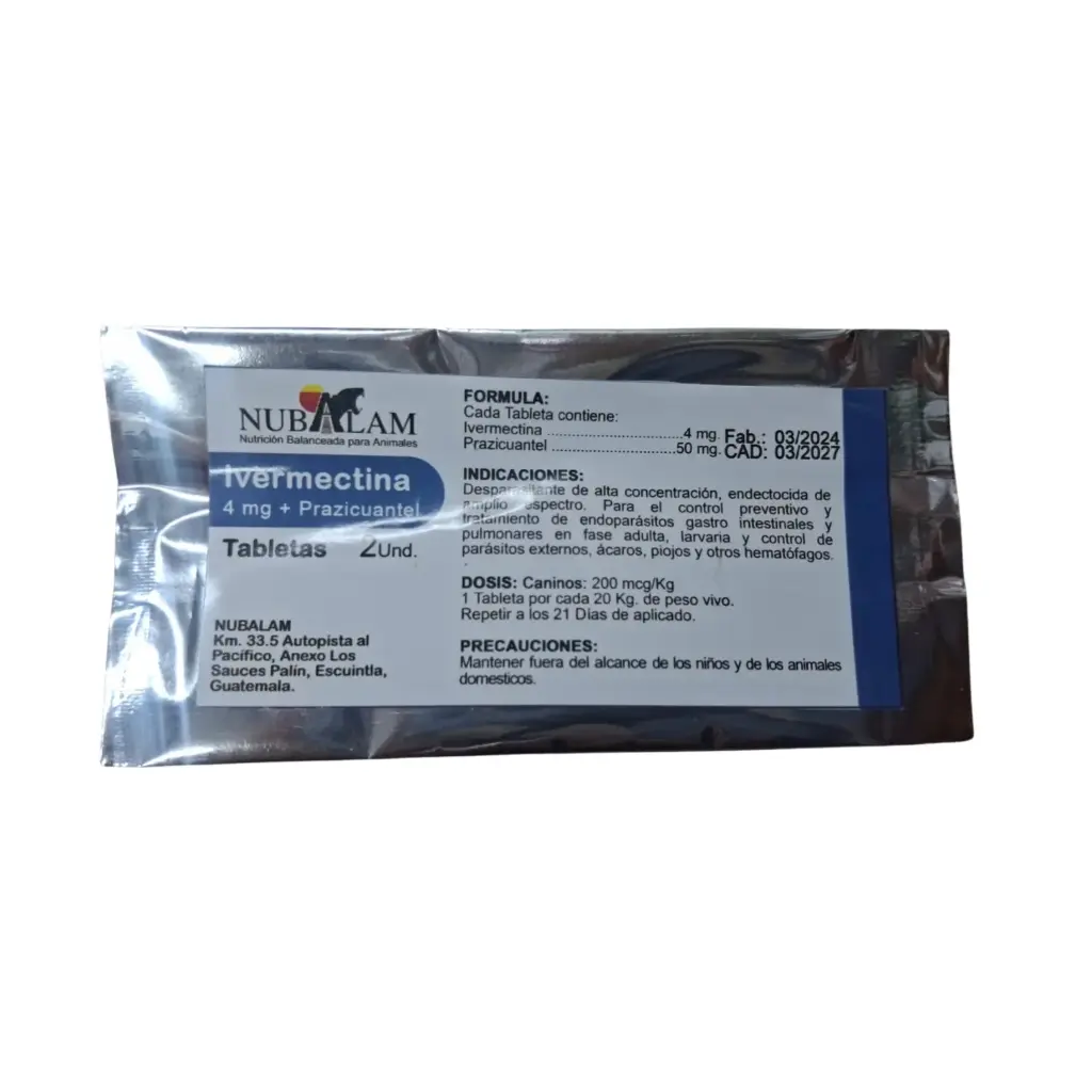 Ivermectina 2 tabletas Endectocida de amplio espectro (ácaros, piojos y otros)